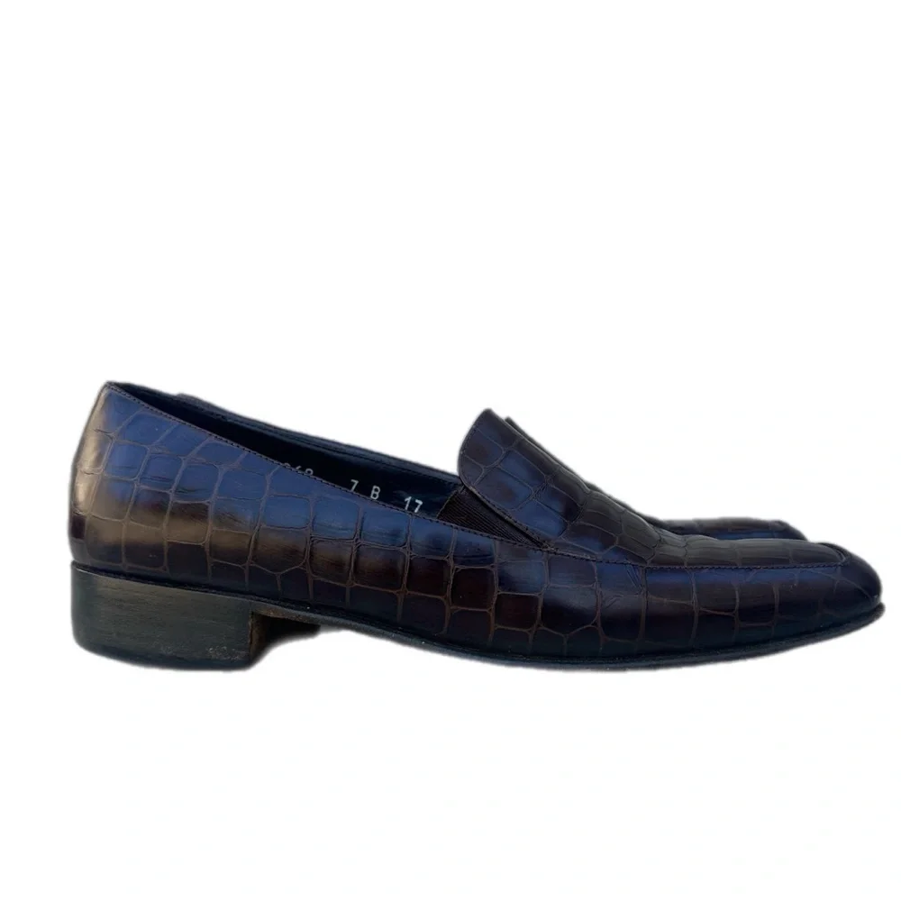 Vintage Cole Haan Croc-Embossed Leather Loafers – Brown Slip-On Dress Shoes, 7